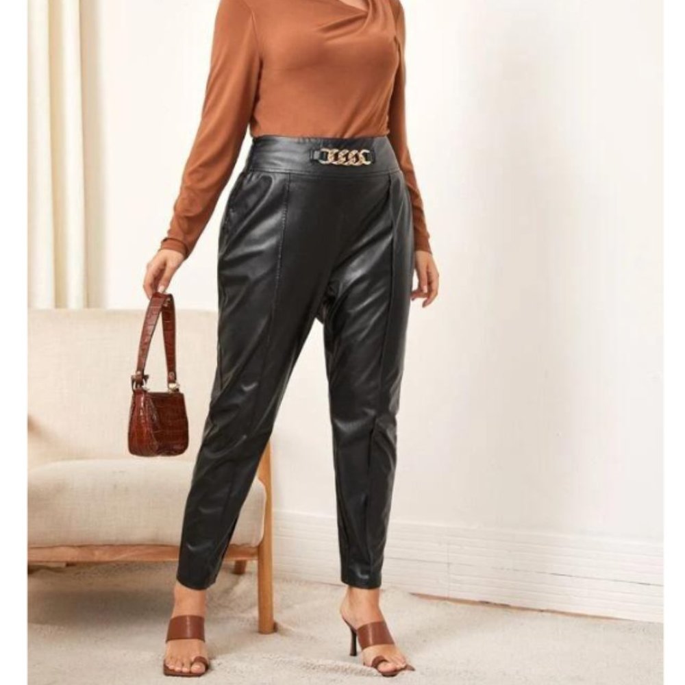 Faux Leather Pants With Chain Detail